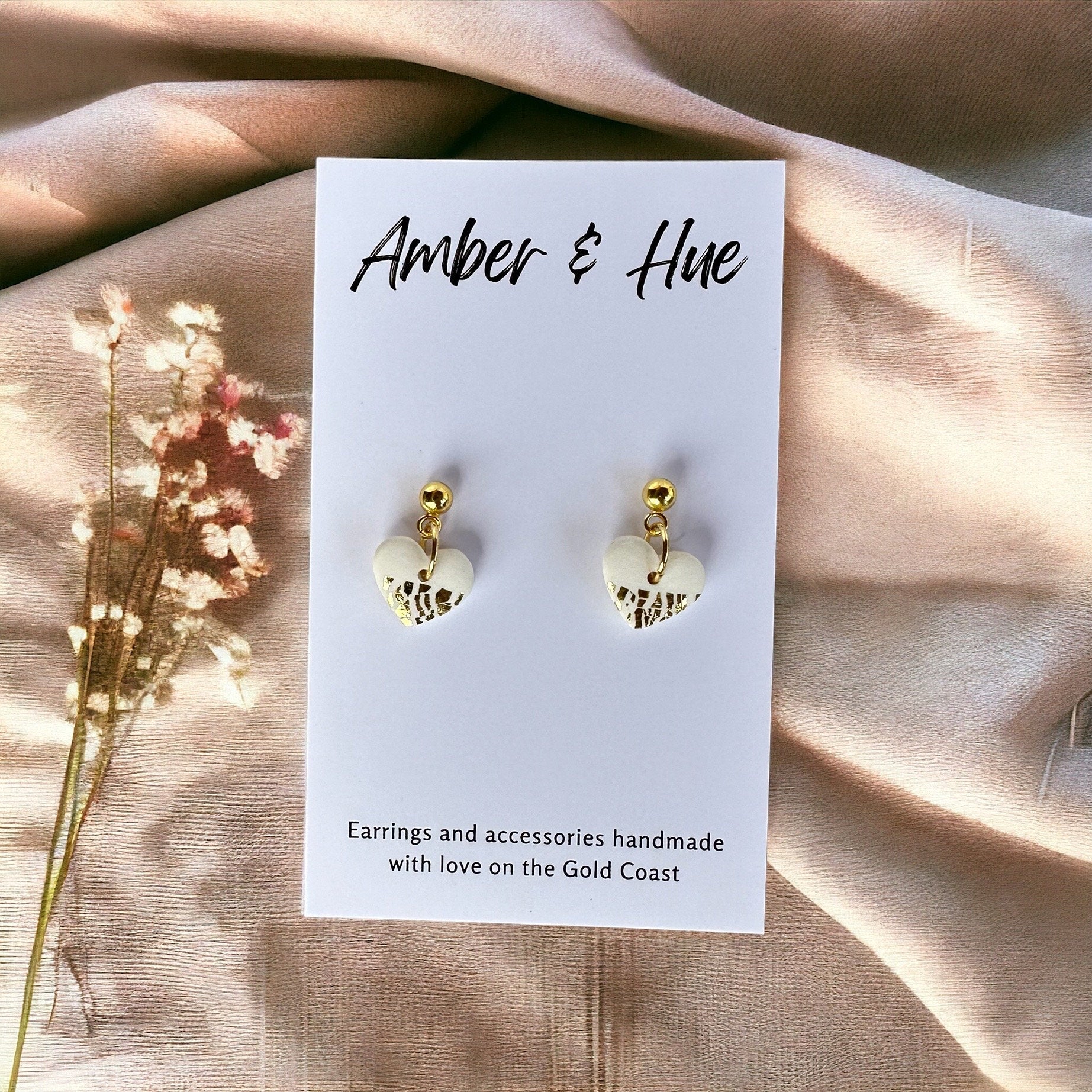 Tiny White & Gold Heart Dangle Earrings