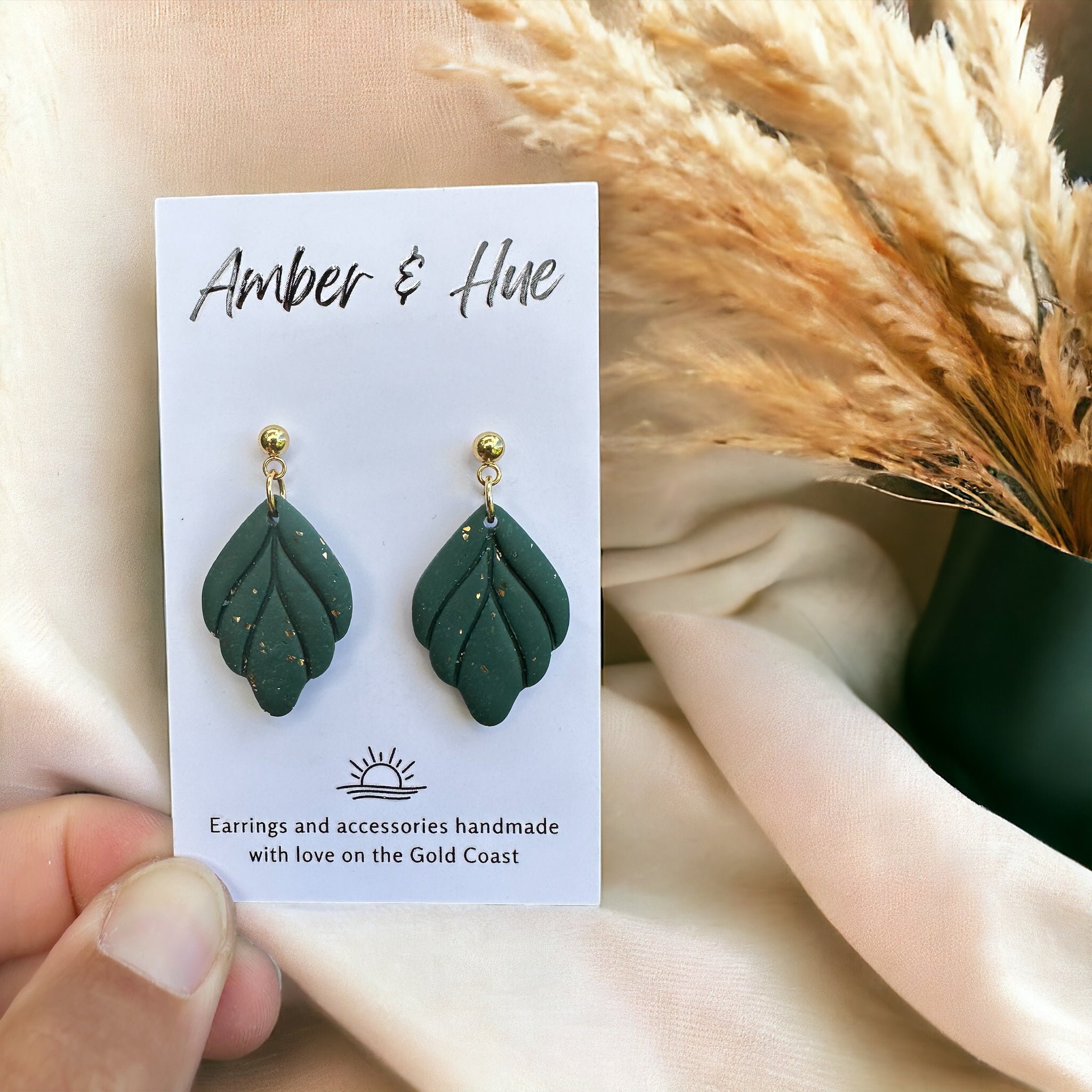 Bottle Green and Gold Sparkle Leaf Dangle Earrings