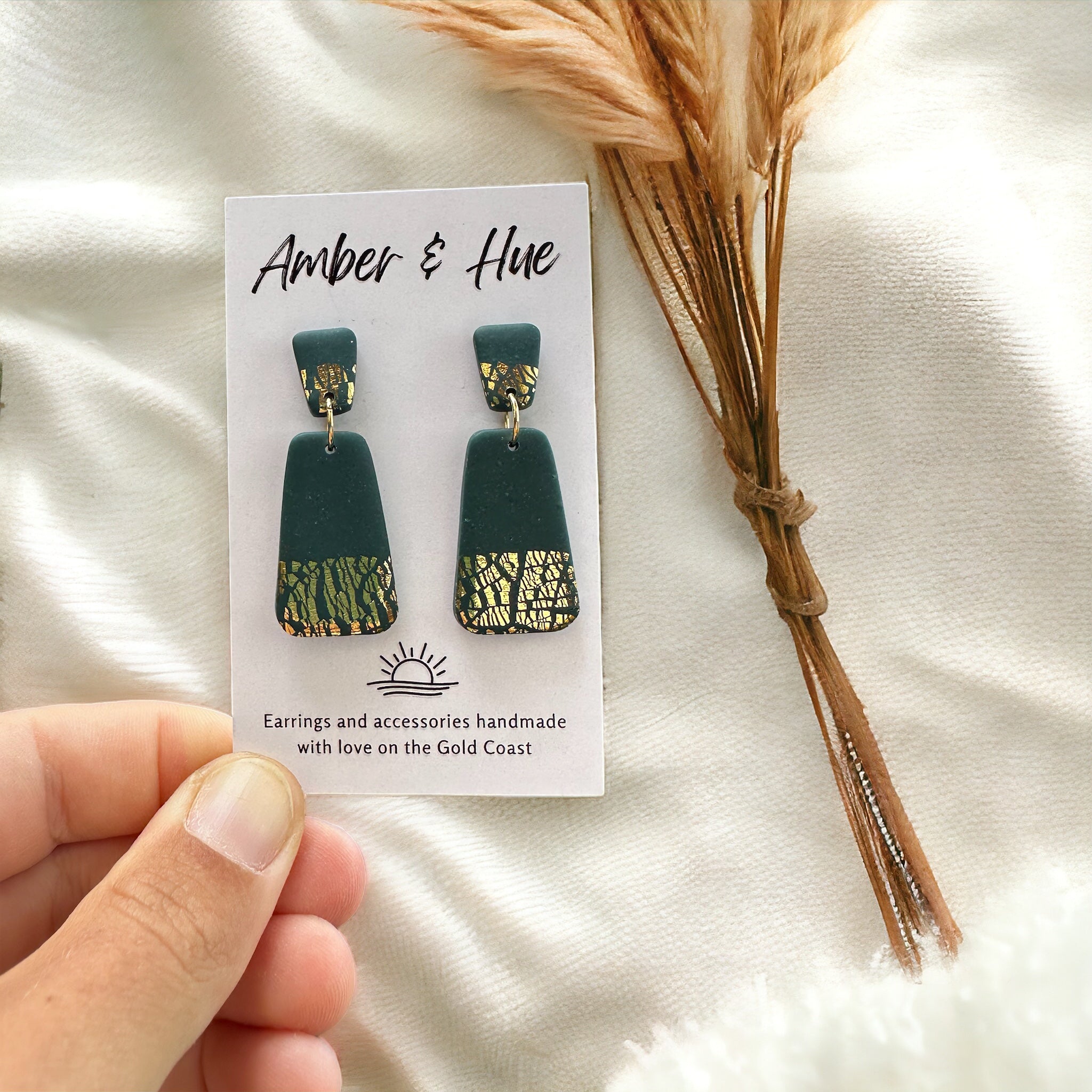 Bottle Green and Gold Dangle Earrings