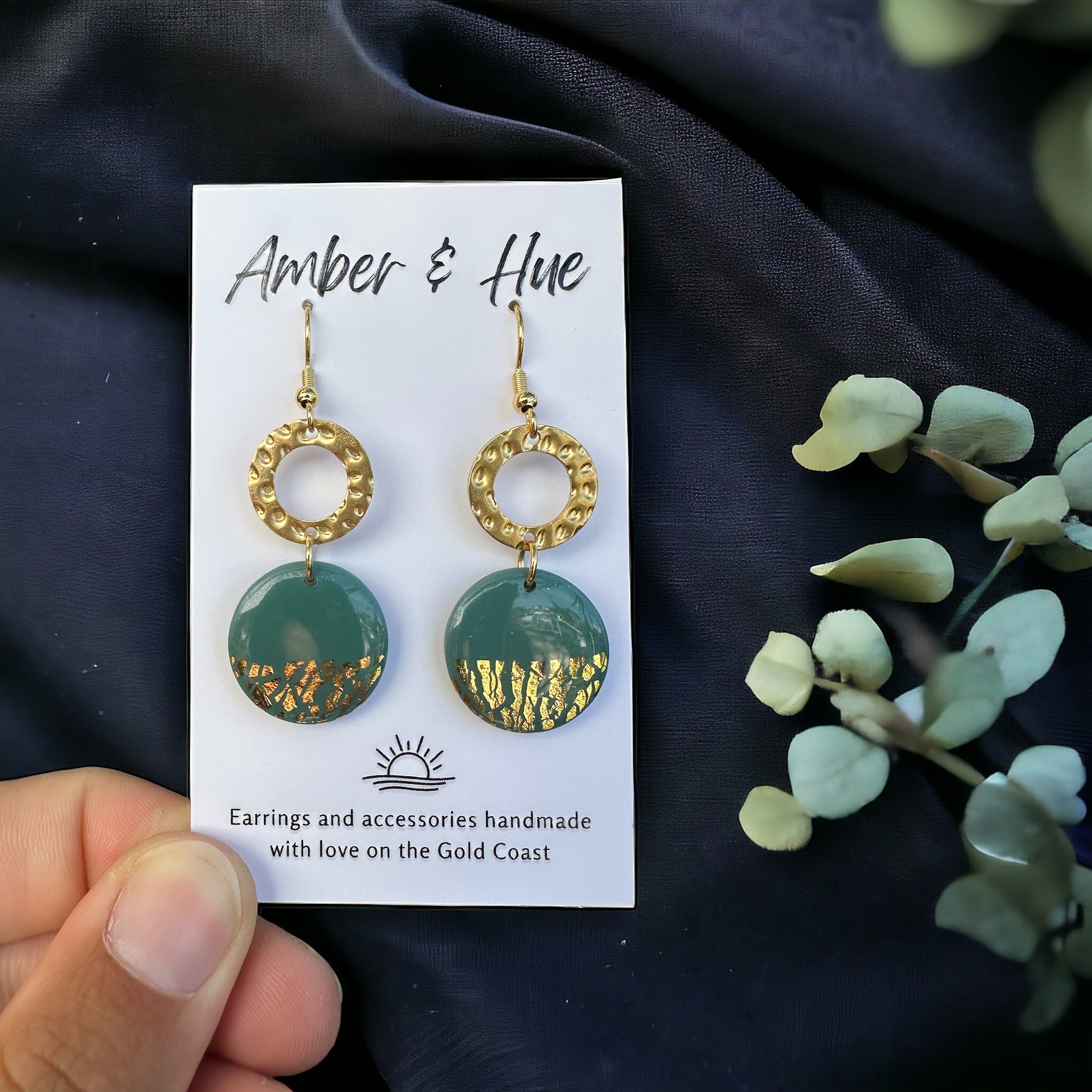 Sage Green and Gold Round Hook Earrings