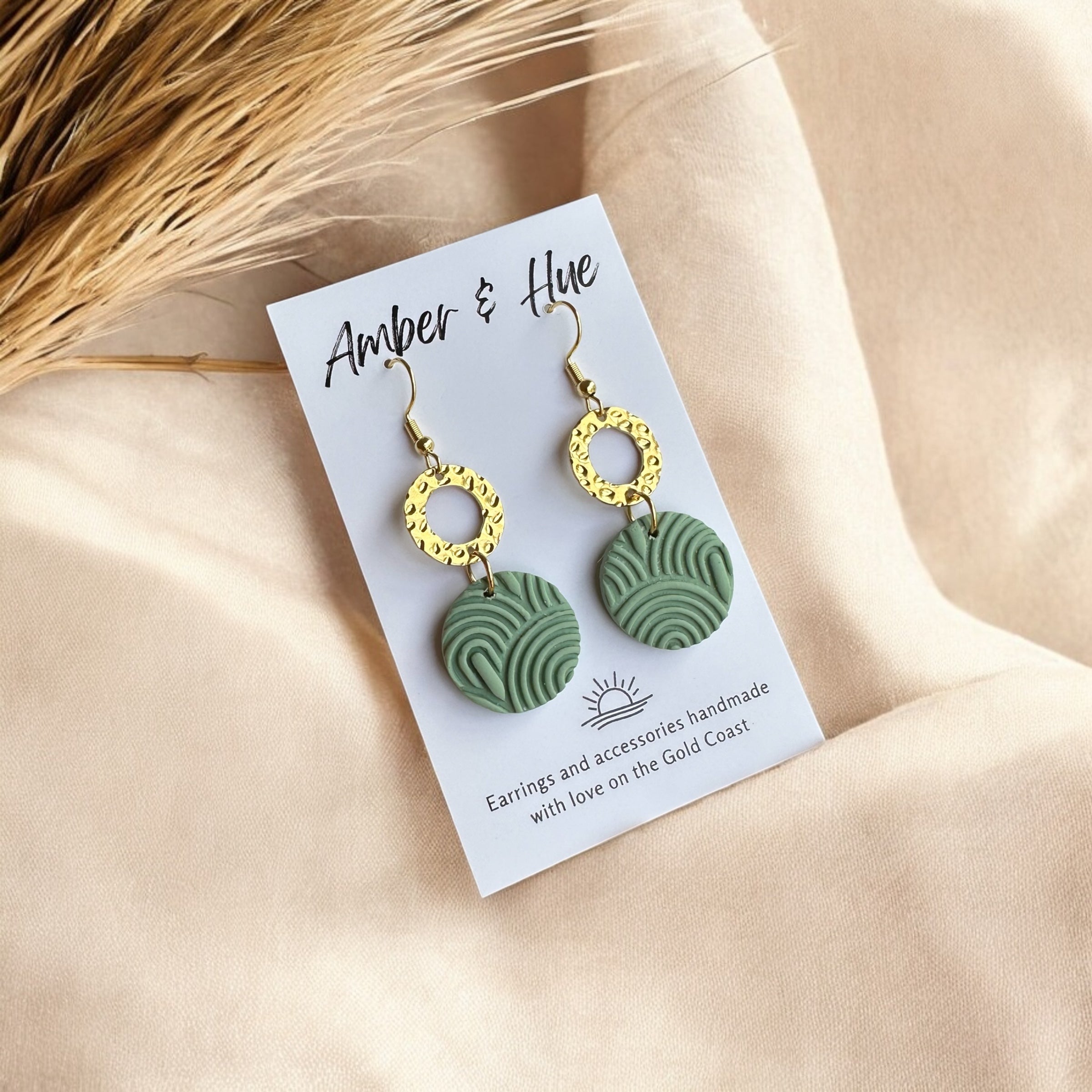 Sage Green and Dainty Gold Textured Round Hook Earrings
