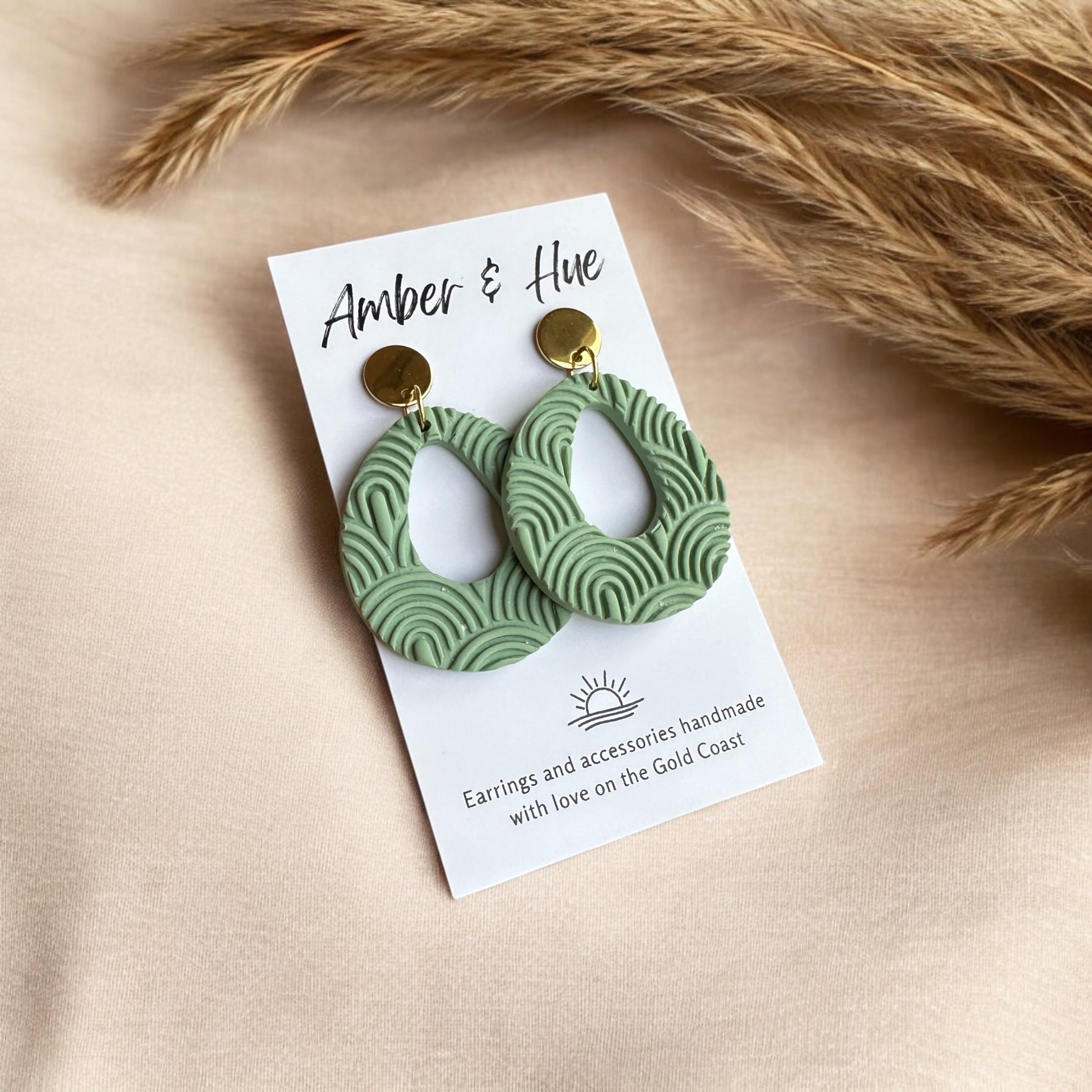 Sage Green Rounded Teardrop Dangle Earrings With Gold Stud Post