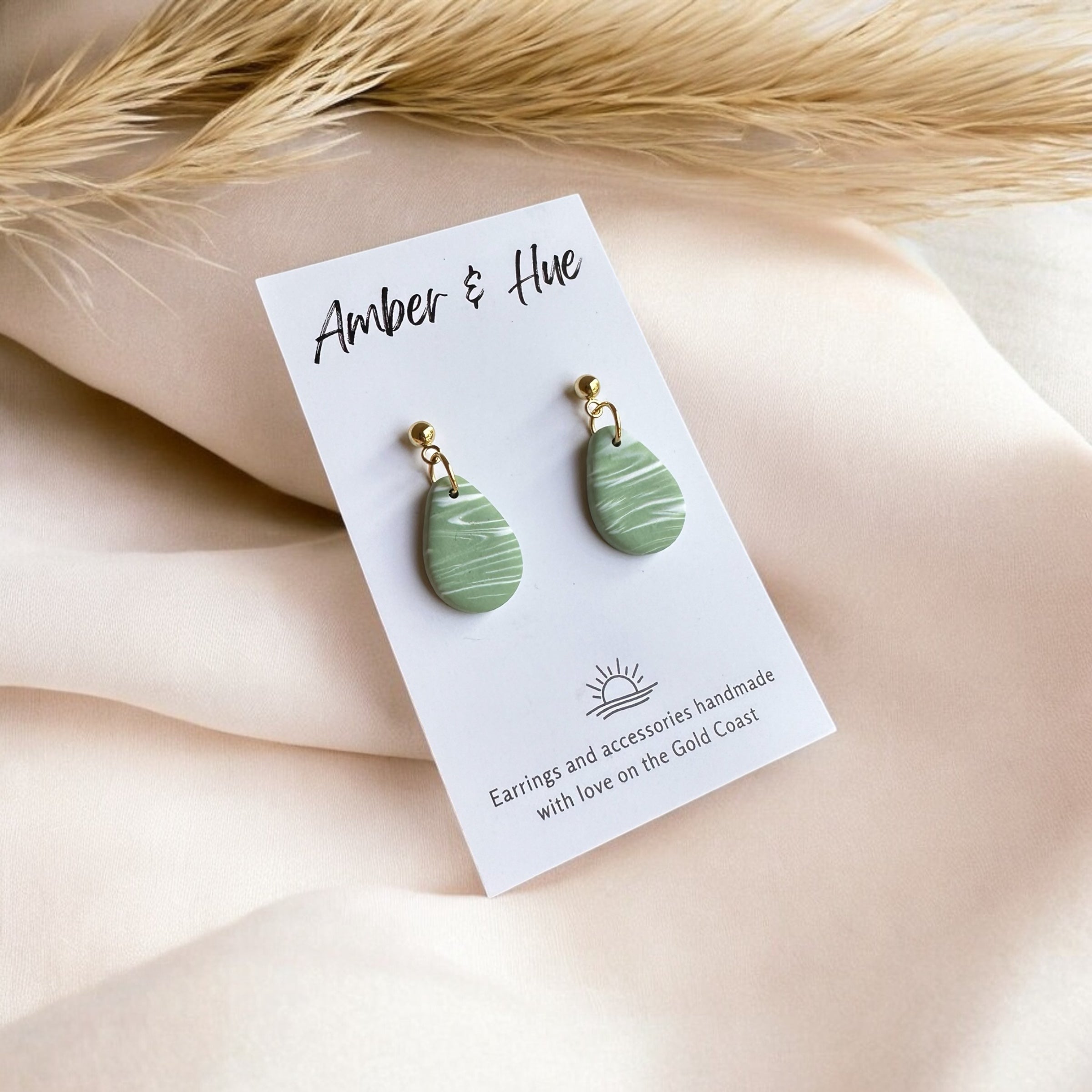 Sage Green and White Marbled Small Teardrop Dangle Earrings
