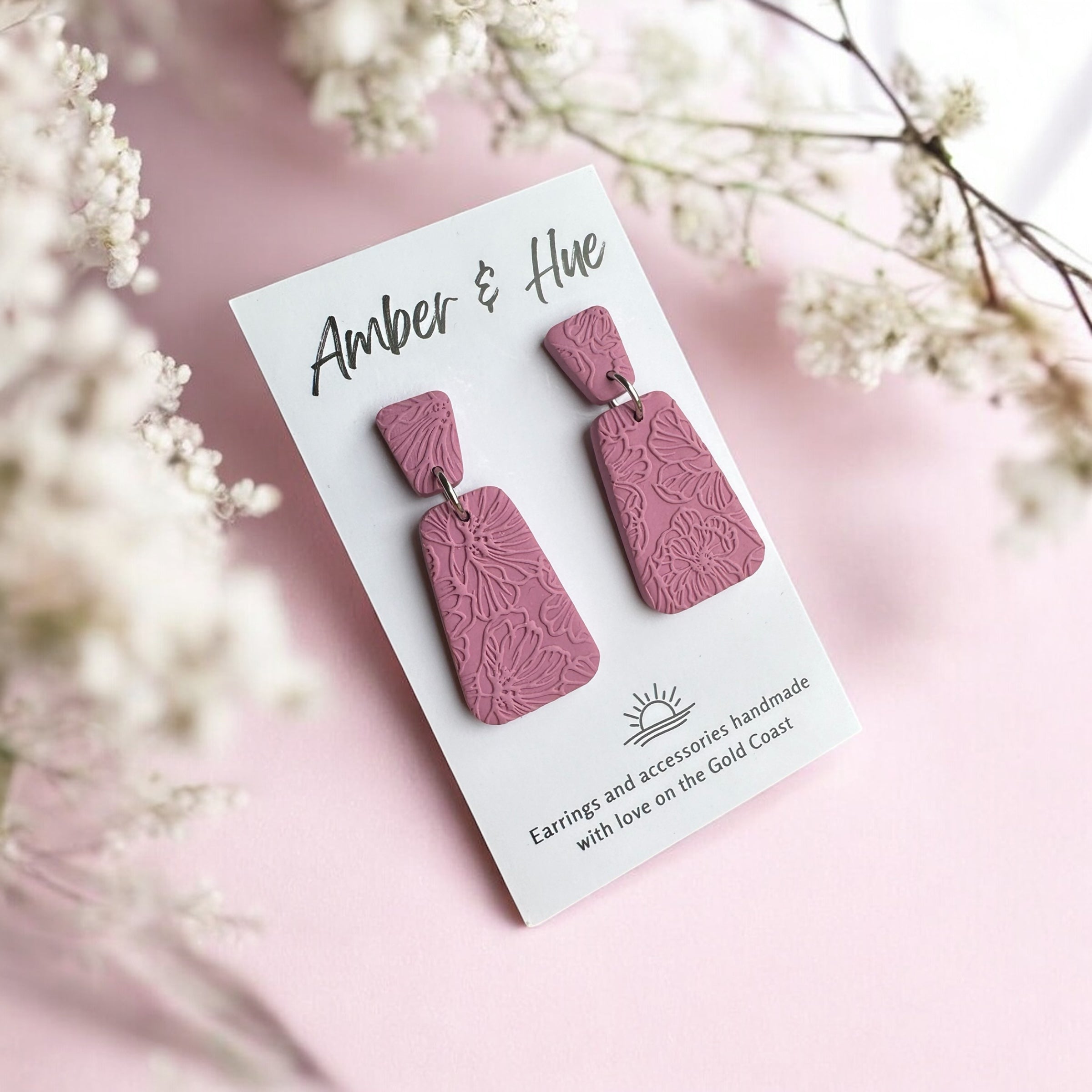 Pink Floral Imprint Dangle Earrings
