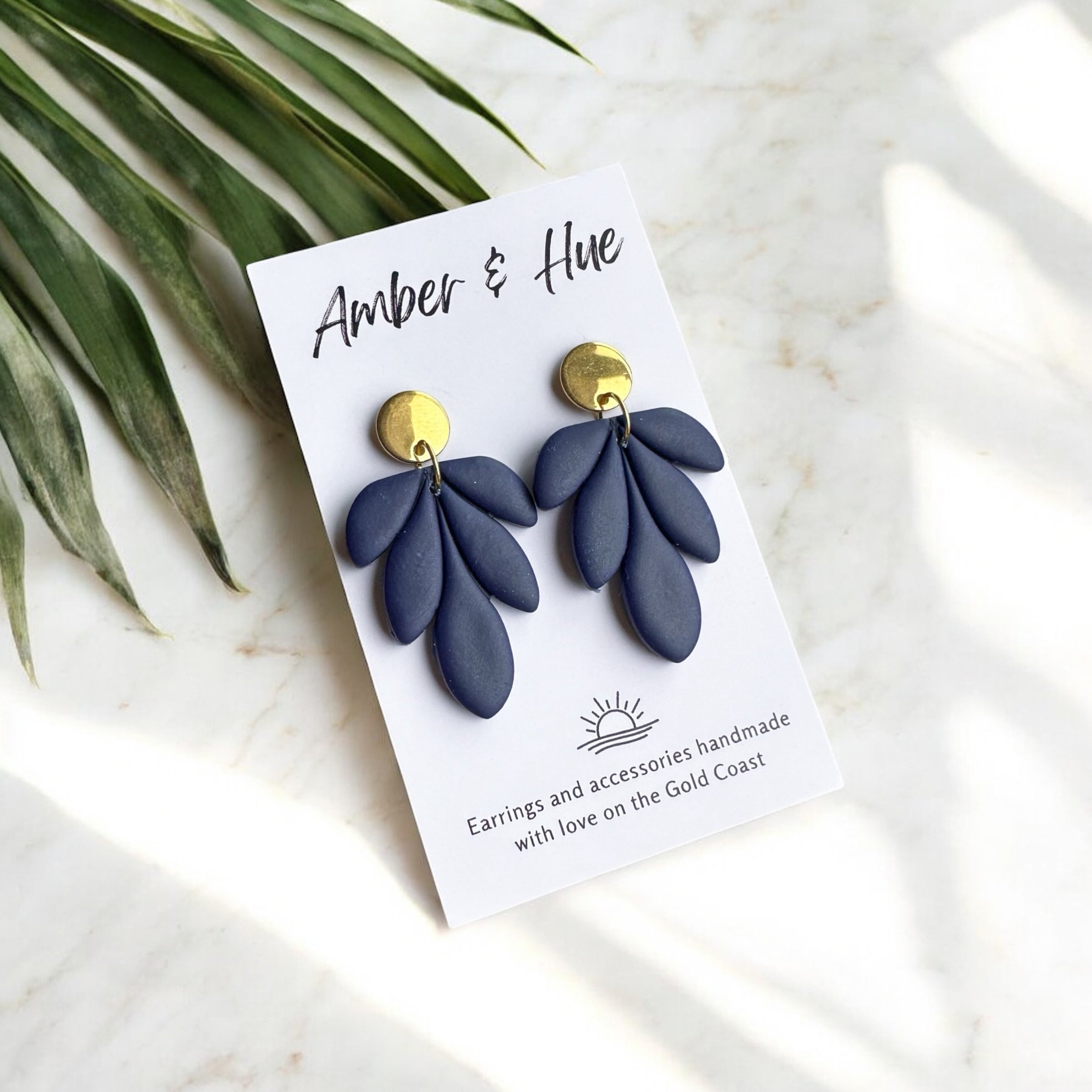 Navy Blue and Gold Flower Dangle Earrings