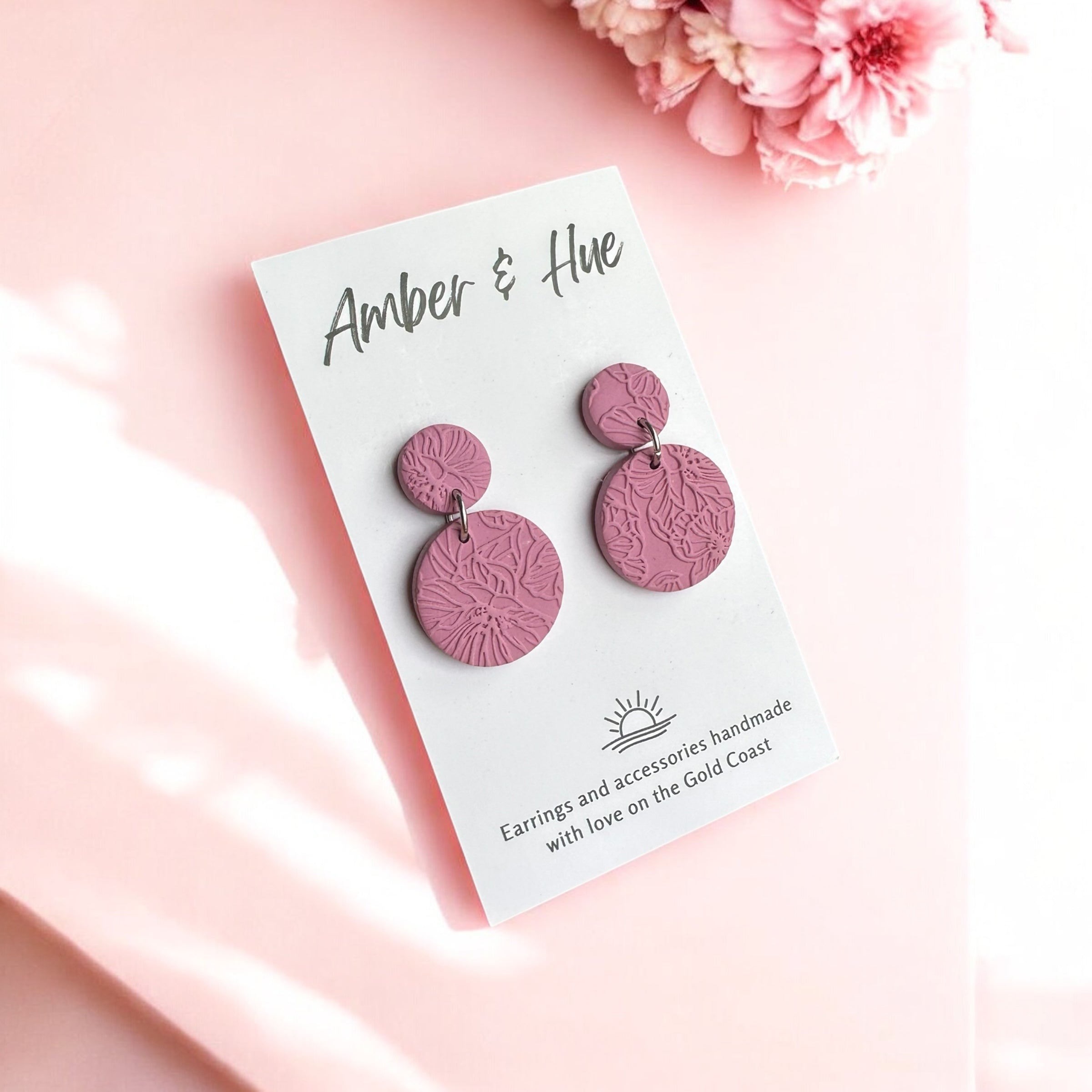 Mauve Pink Round Floral Imprint Dangle Earrings