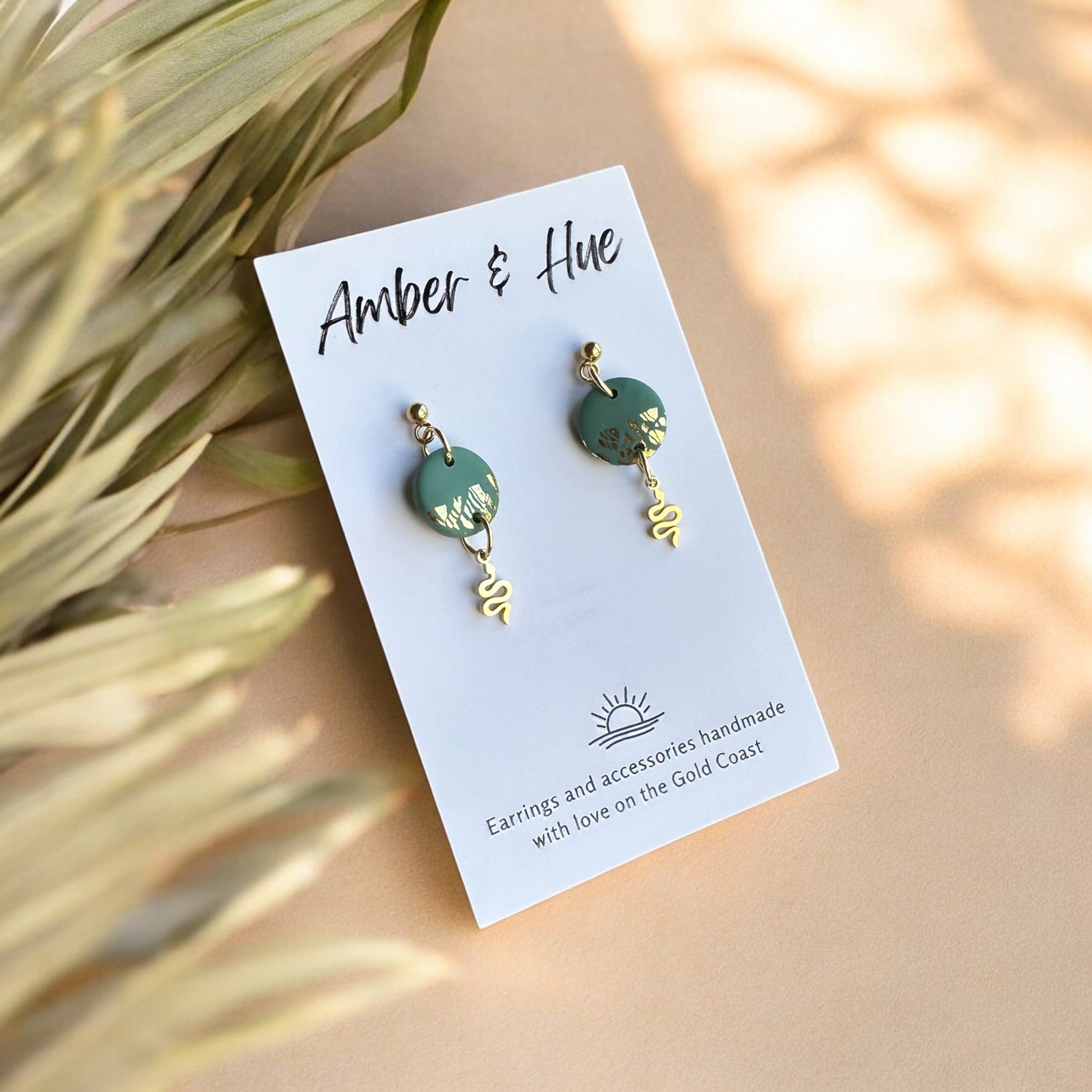 Sage Green Small Snake Charm and Gold Dangle Earrings