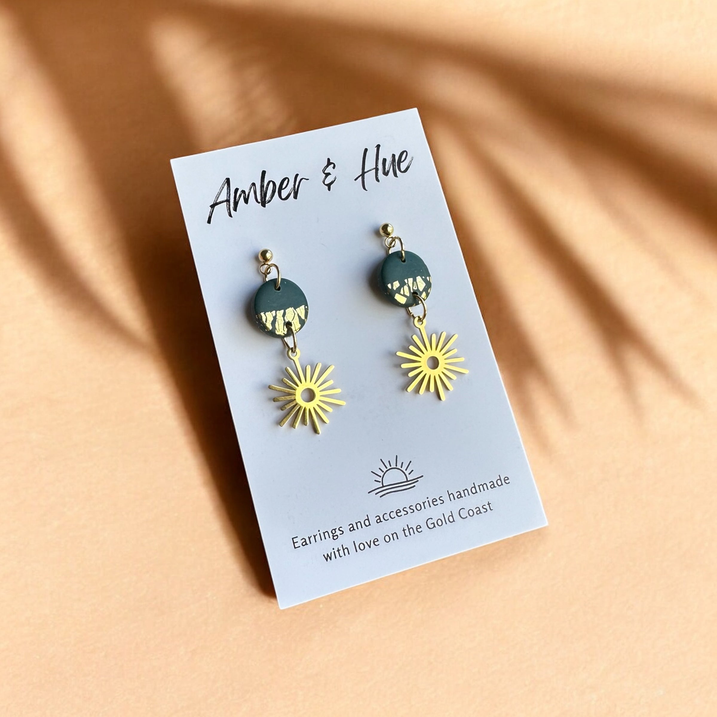 Bottle Green and Large Gold Sun Charm Dangle Earrings