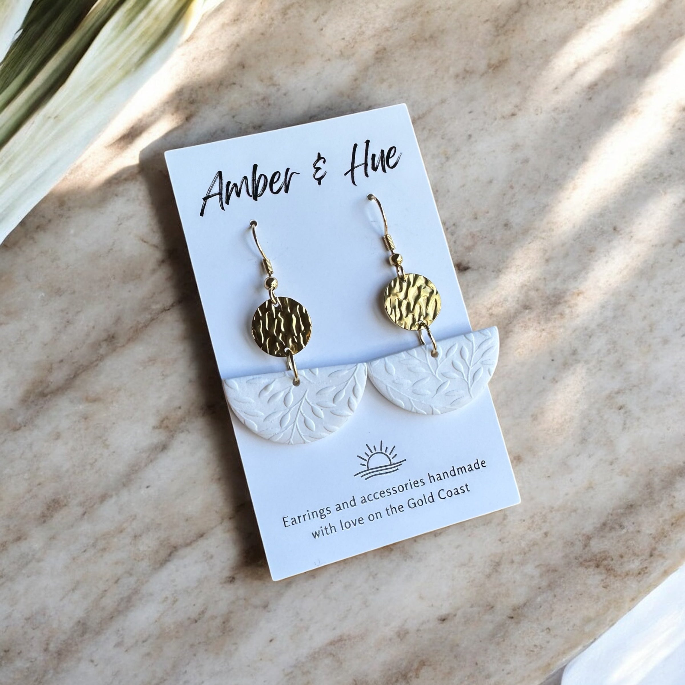Rising Sun White Leaf Print Hook Earrings