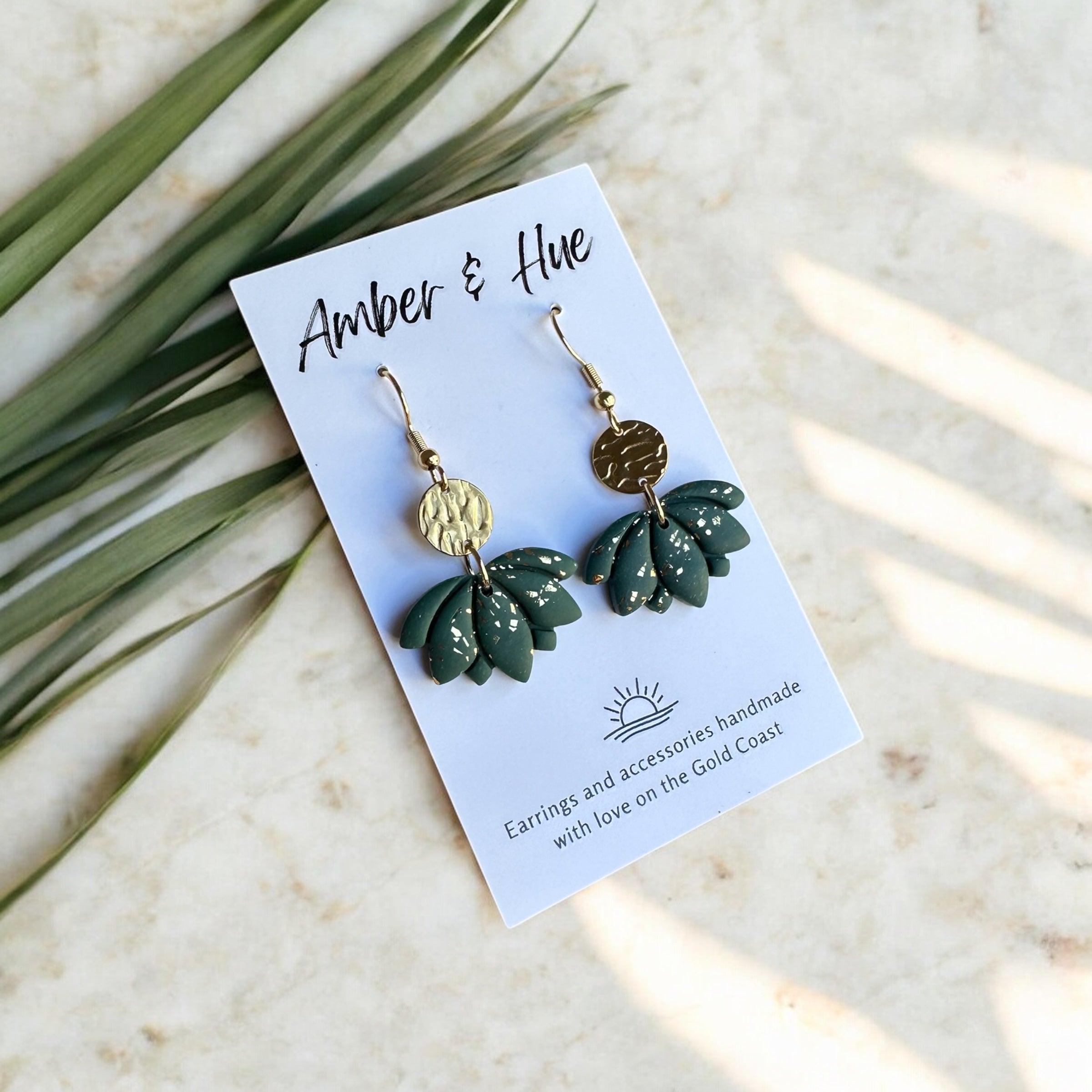 Bottle Green Lotus and Gold Hook Earrings