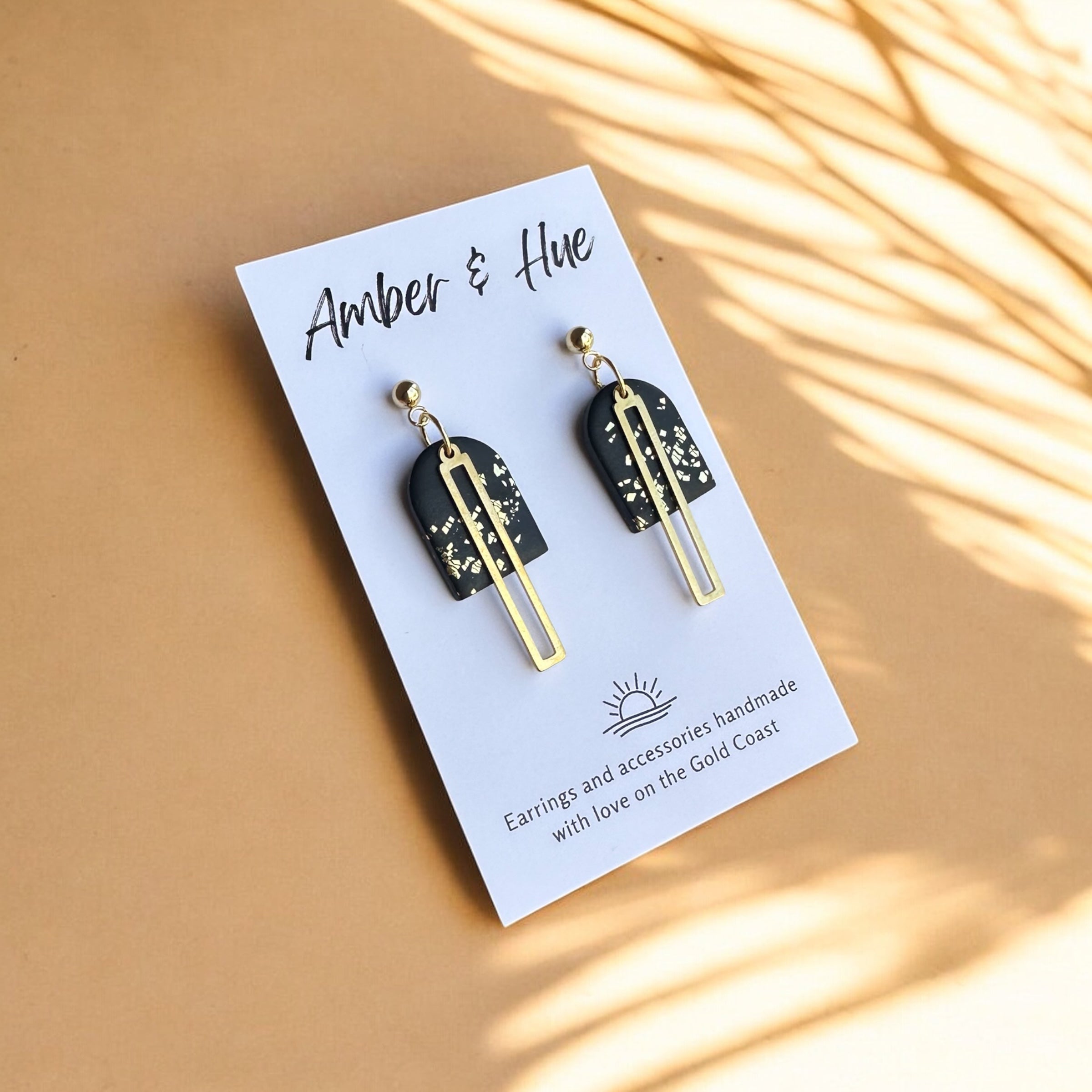 Black Small Arch and Gold Shimmer Accent Dangle Earrings
