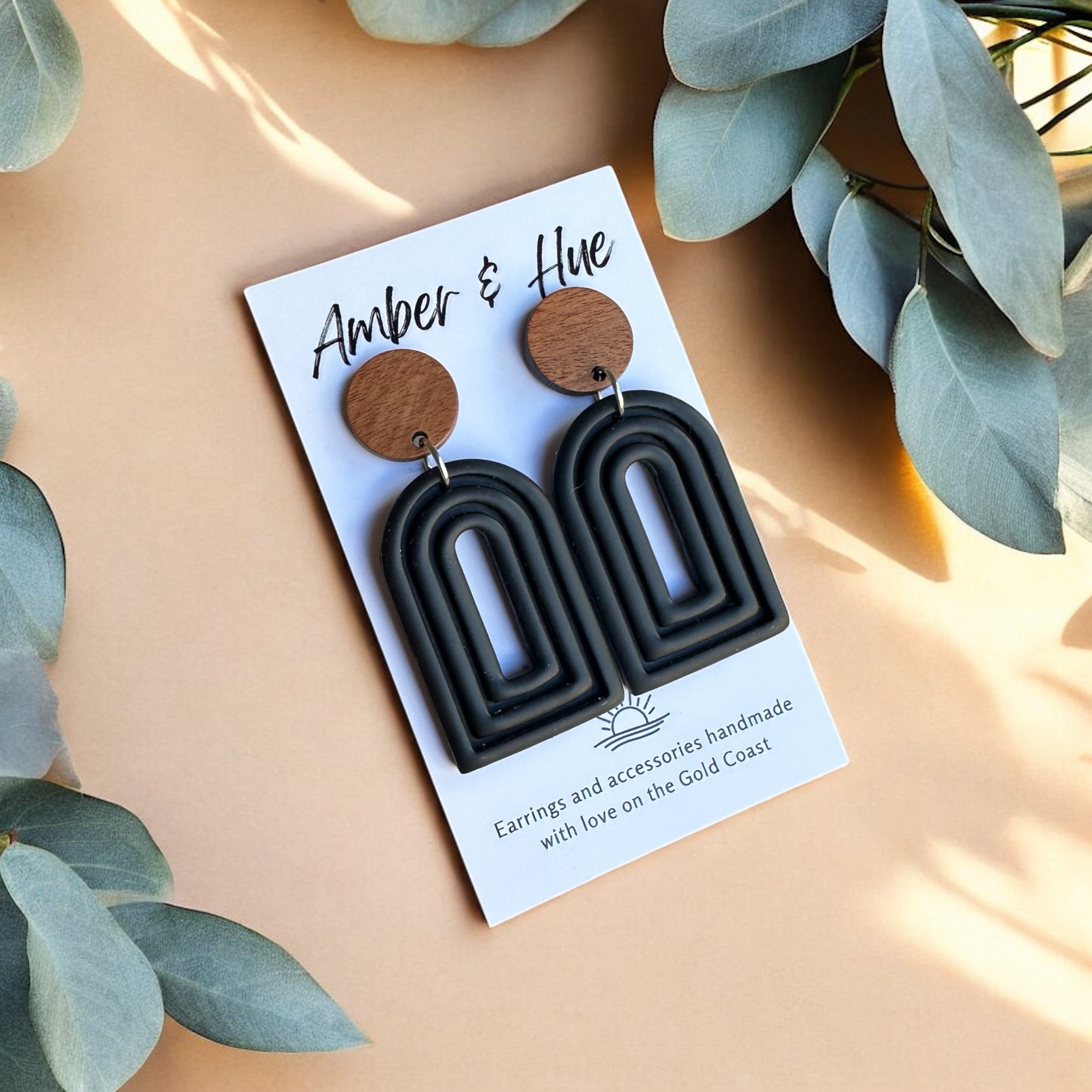 Black Arch Dangle Earrings with Wooden Stud Post