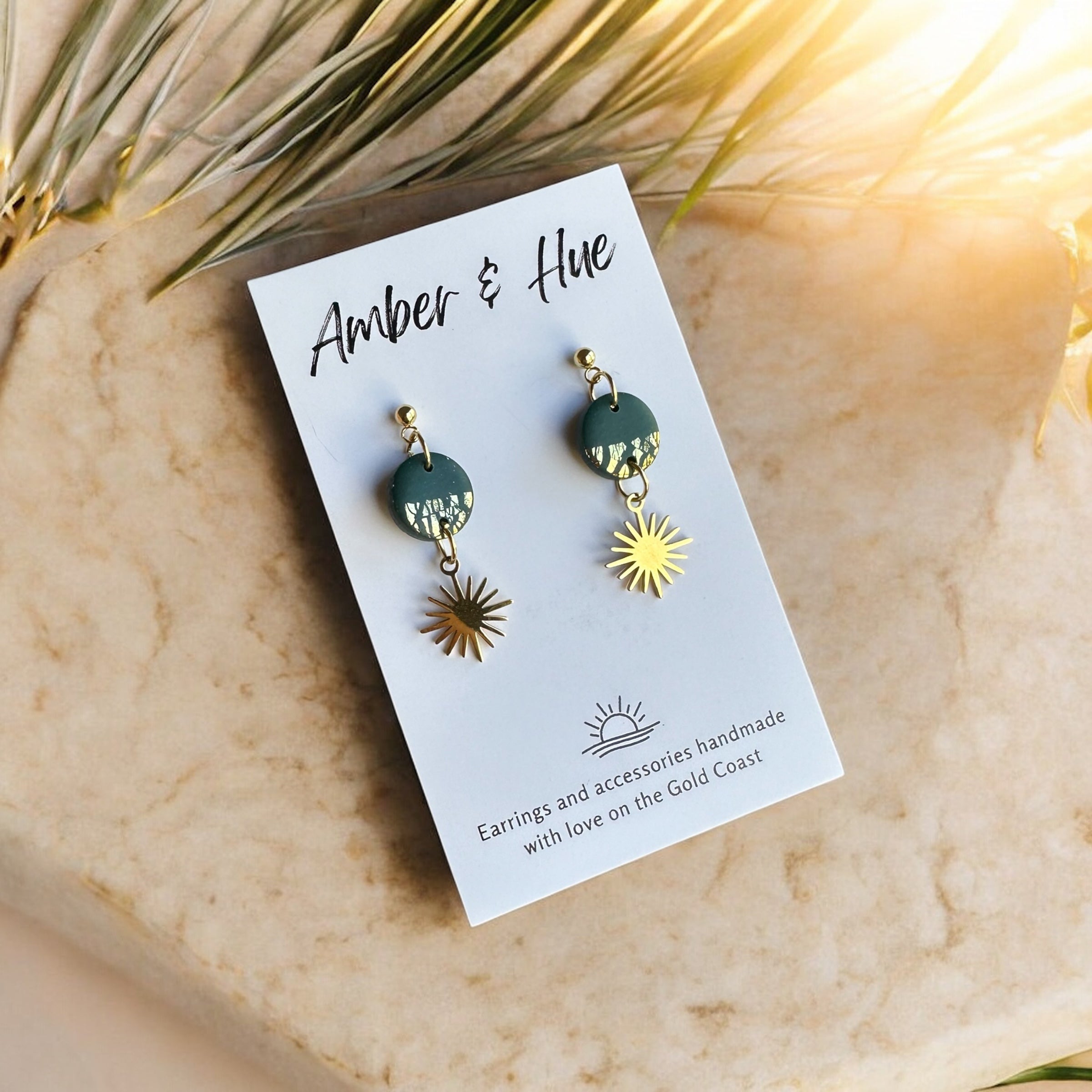 Bottle Green Celestial and Gold Charm Dangle Earrings