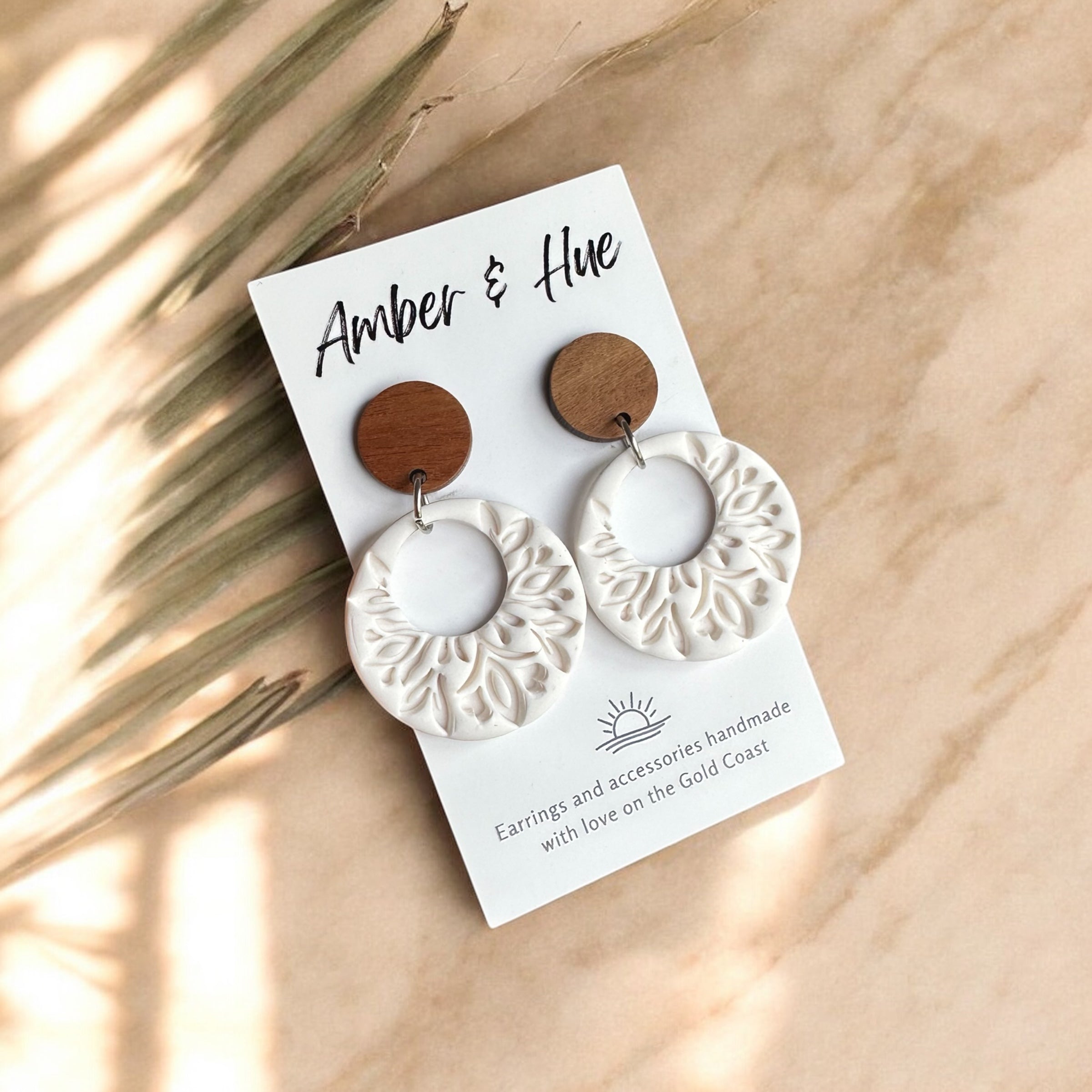 White Floral Ornament Hoop Earrings with Wooden Stud Post