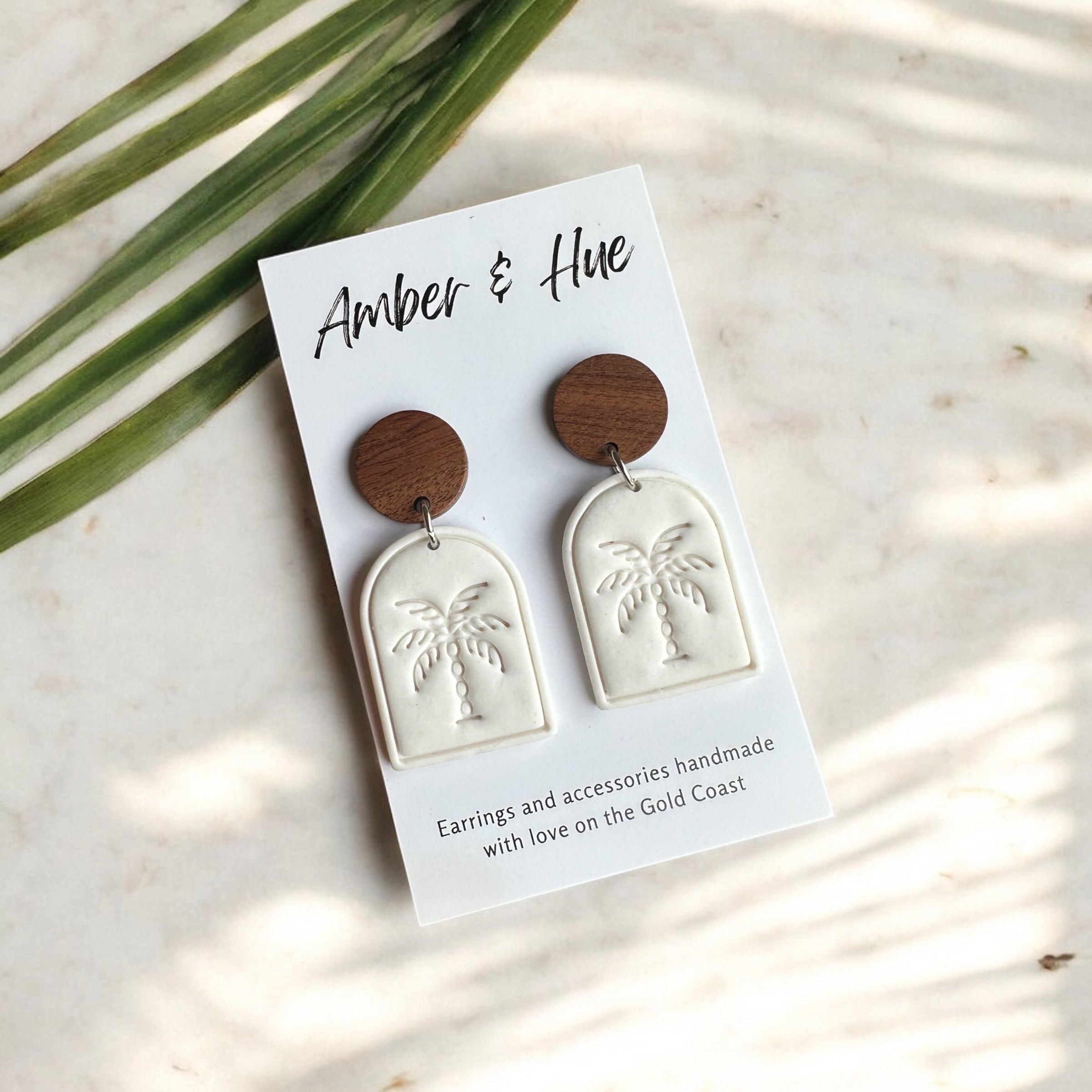 White Palm Tree Imprint Dangle Earrings With a Wood Stud Post