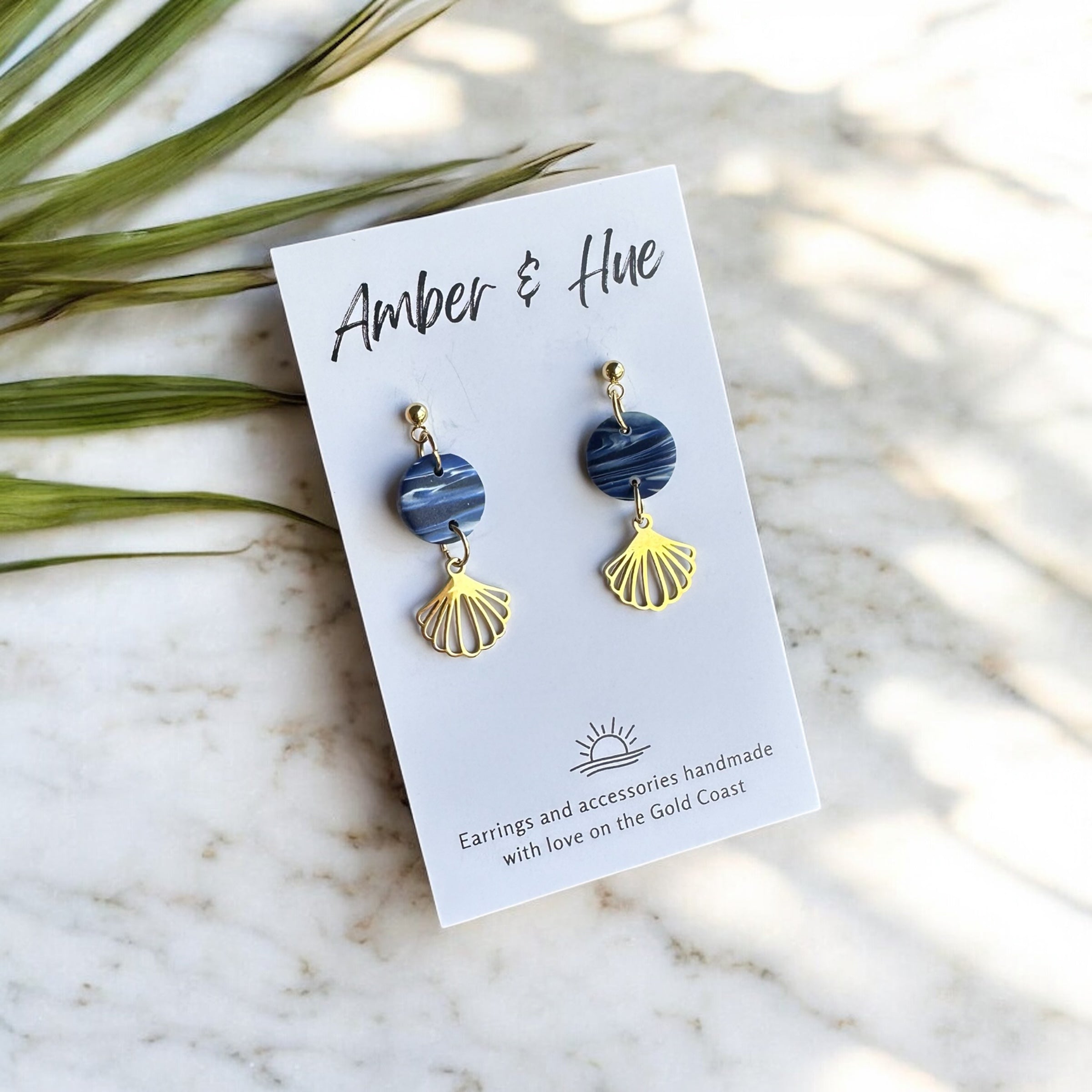 Blue Marbled and Gold Seashell Charm Dangle Earrings
