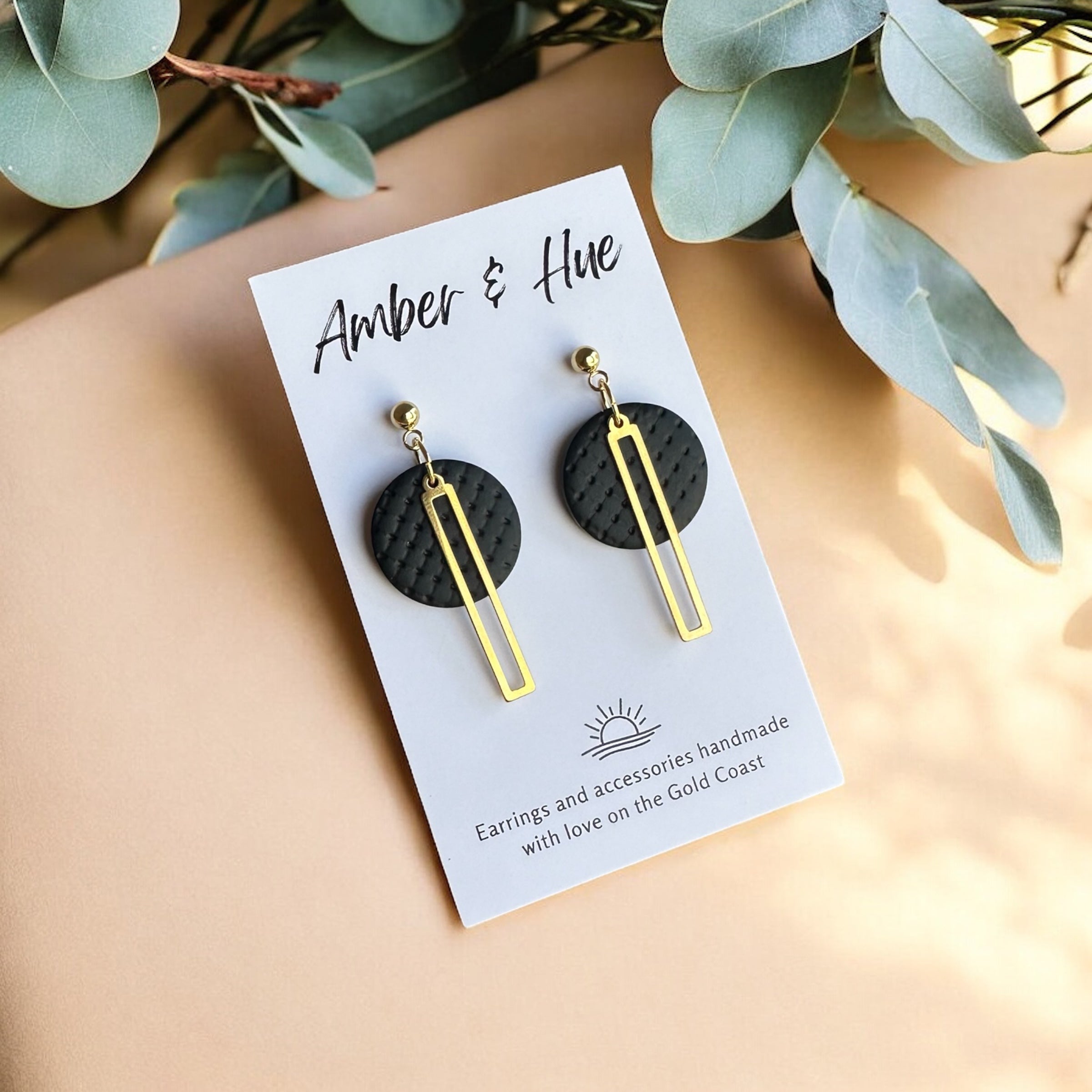 Black Round Textured and Gold Accent Dangle Earrings